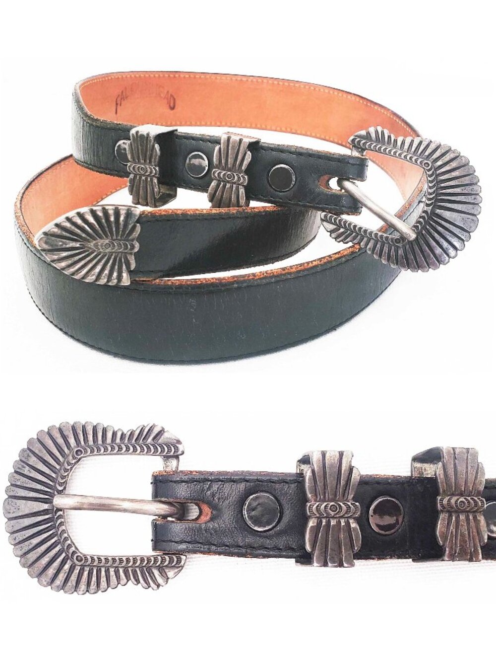 Vintage FALCONHEAD Black Calf Leather Belt R D M Sterling Silver Buckle 30